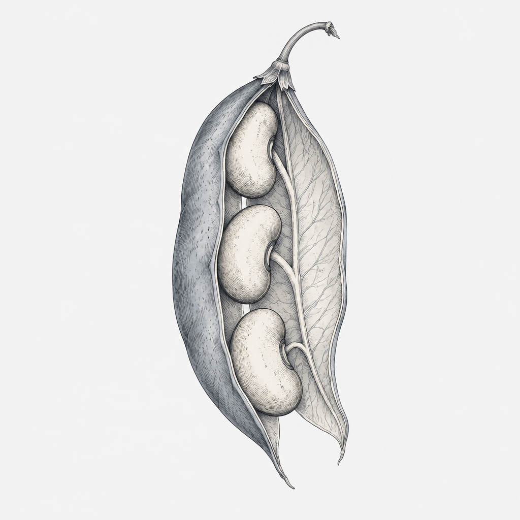 Ink cross-section drawing of a bean pod with seeds nestled inside