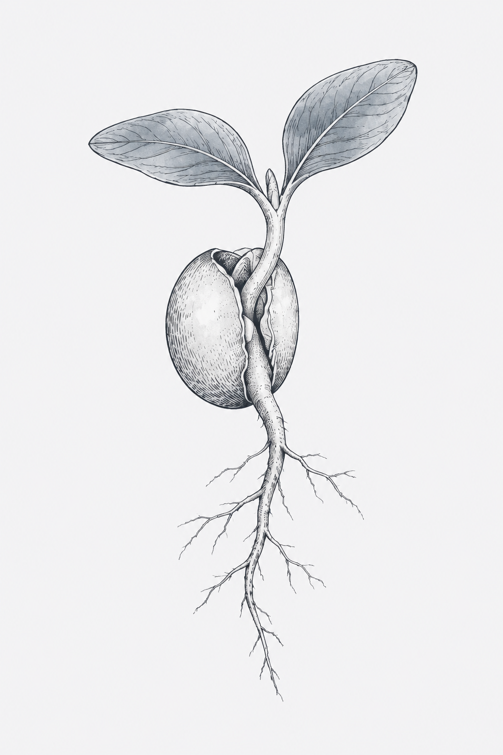 Ink drawing of a bean seed splitting open, two leaves unfolding and a long root reaching down